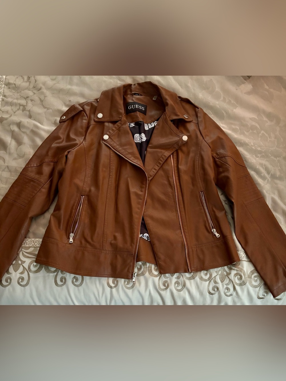 GUESS Cognac Brown Faux Leather Moto Jacket